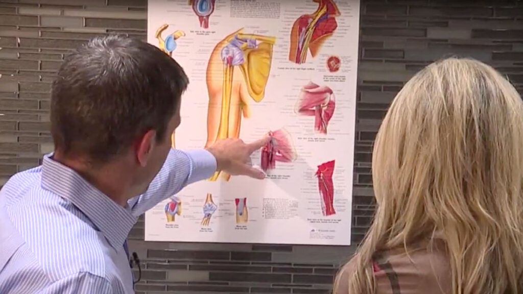 doctor reviewing rotator cuff diagrams with patient